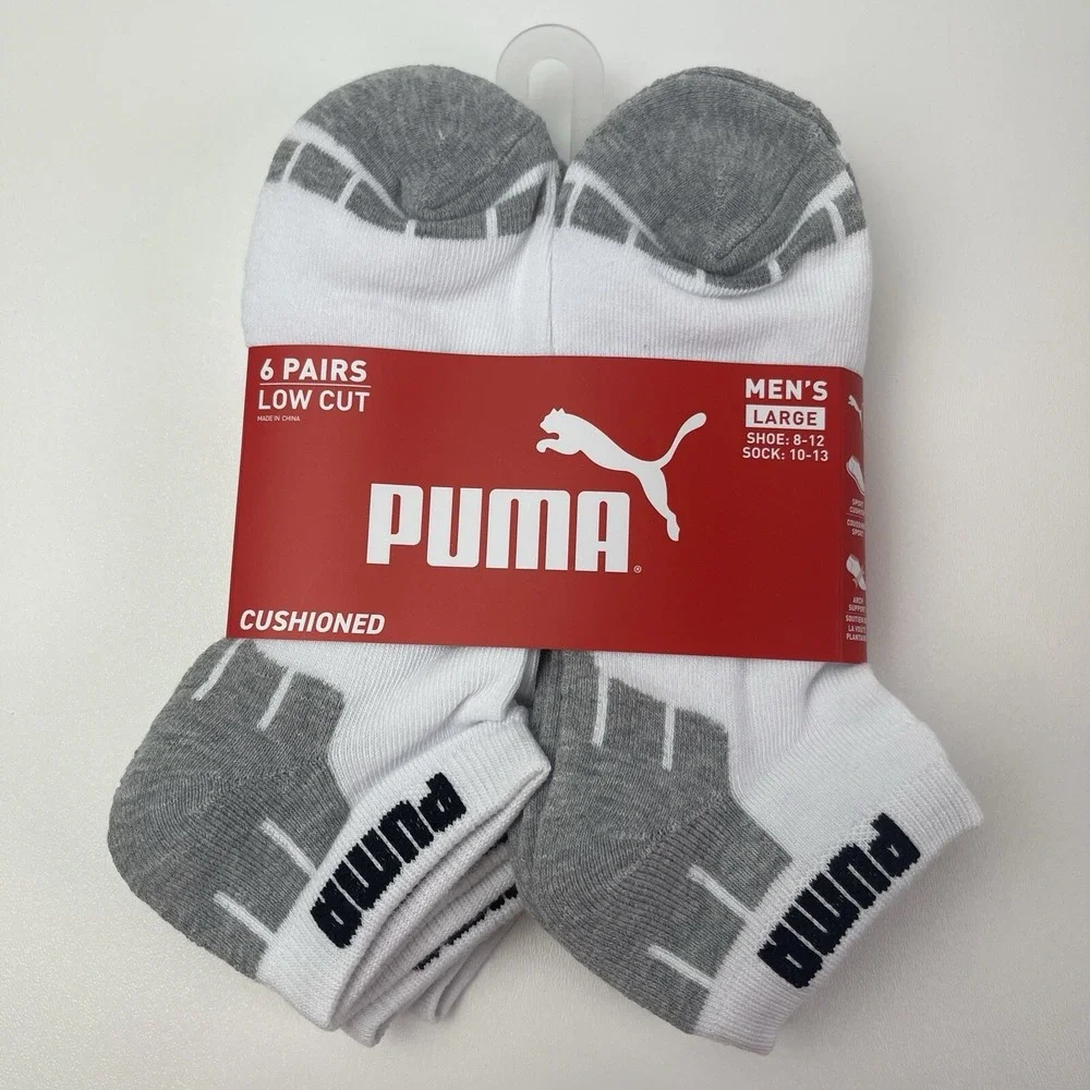 PUMA Mens 6 Pairs Pack‎ Socks Low Cut Cushioned Size 10-13 Shoe 8-12 White Grey